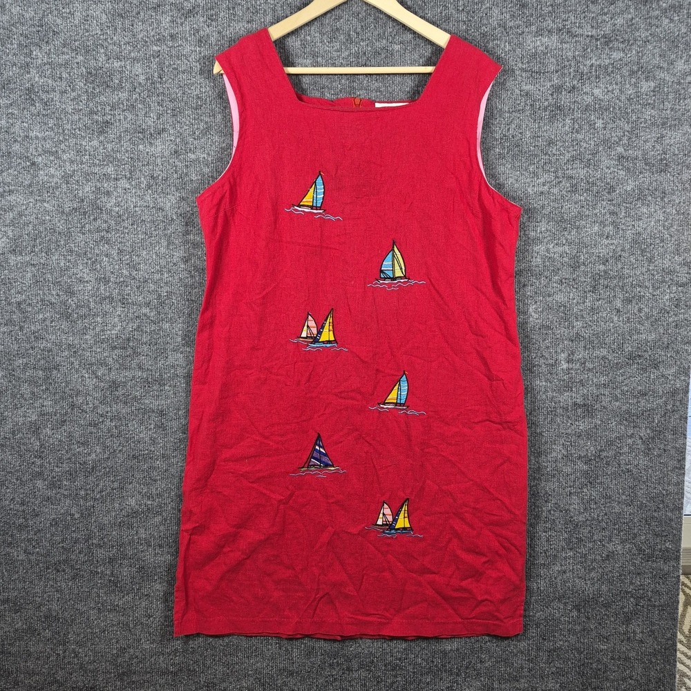 Country Concept Dress Nautical Sailboat Embroidered Midi Linen Cotton Size Large